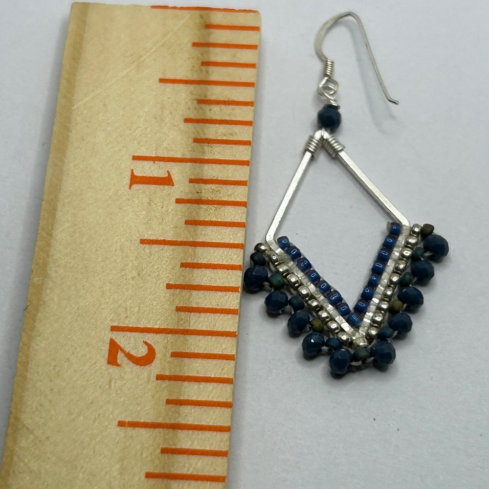 Blue beaded dangle earrings Boho Tribal Silver tone Statement - Picture 4 of 4